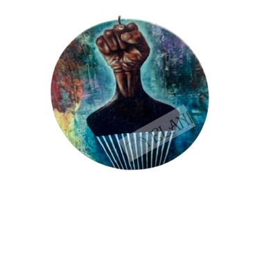 Black Power Fist hair pick earrings on colorful background - 2.5 inch wooden disc statement jewelry celebrating Black culture and natural hair pride